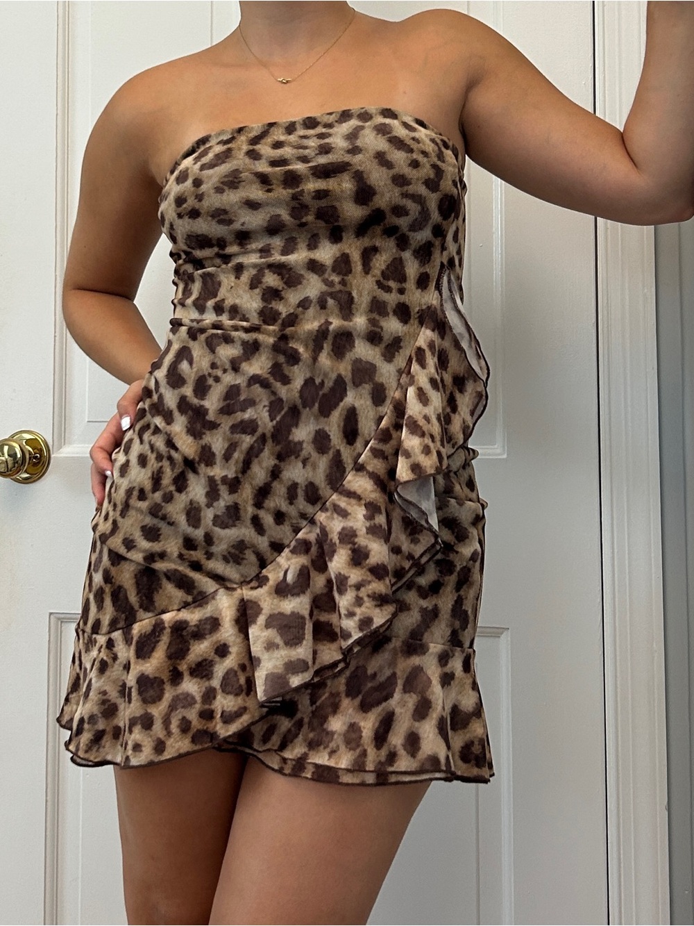 Zara Strapless Leopard Print Ruffle Mini Dress